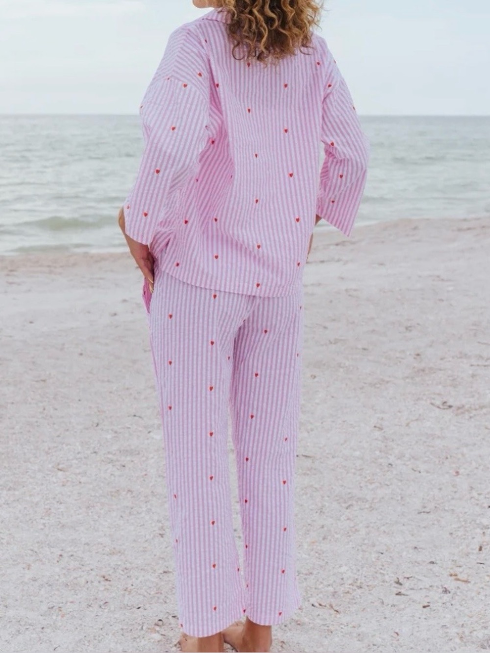Pink Striped Kids Pajama Set with Tiny Red Hearts pink white